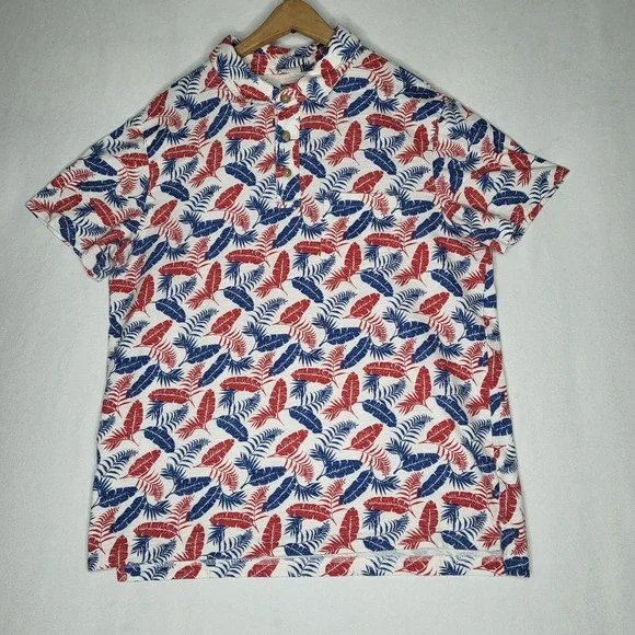 Sonoma Mens Large Red Blue Tropical Leaf Print Polo Shirt 100% Cotton - Picture 1 of 8